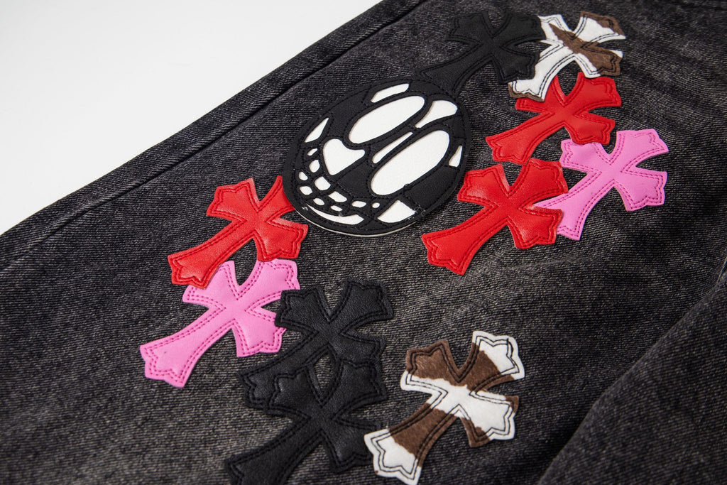 Chrome Hearts Multi Cross Patch Denim Jeans - Grey Gothic Street Pants