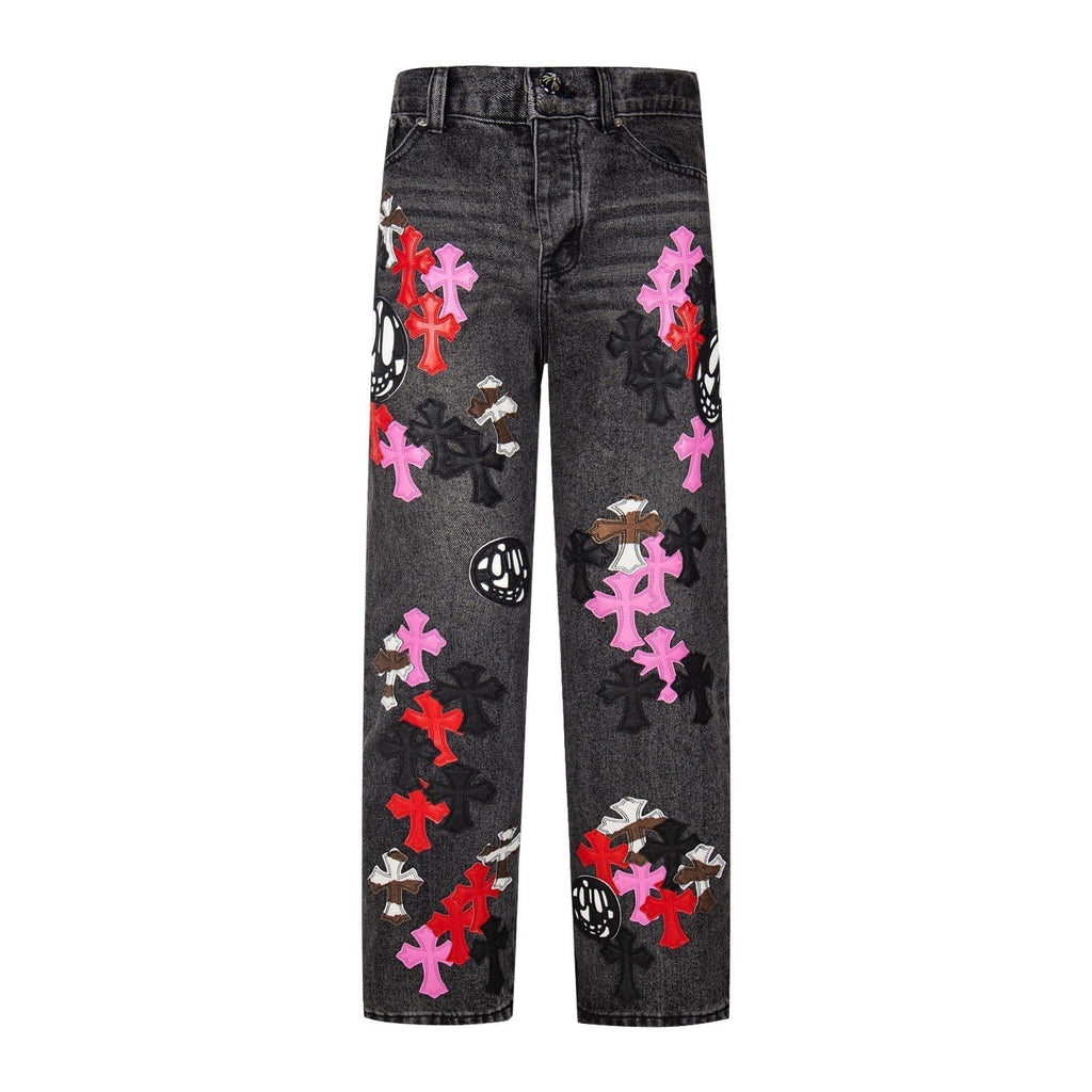 Chrome Hearts Multi Cross Patch Denim Jeans - Grey Gothic Street Pants