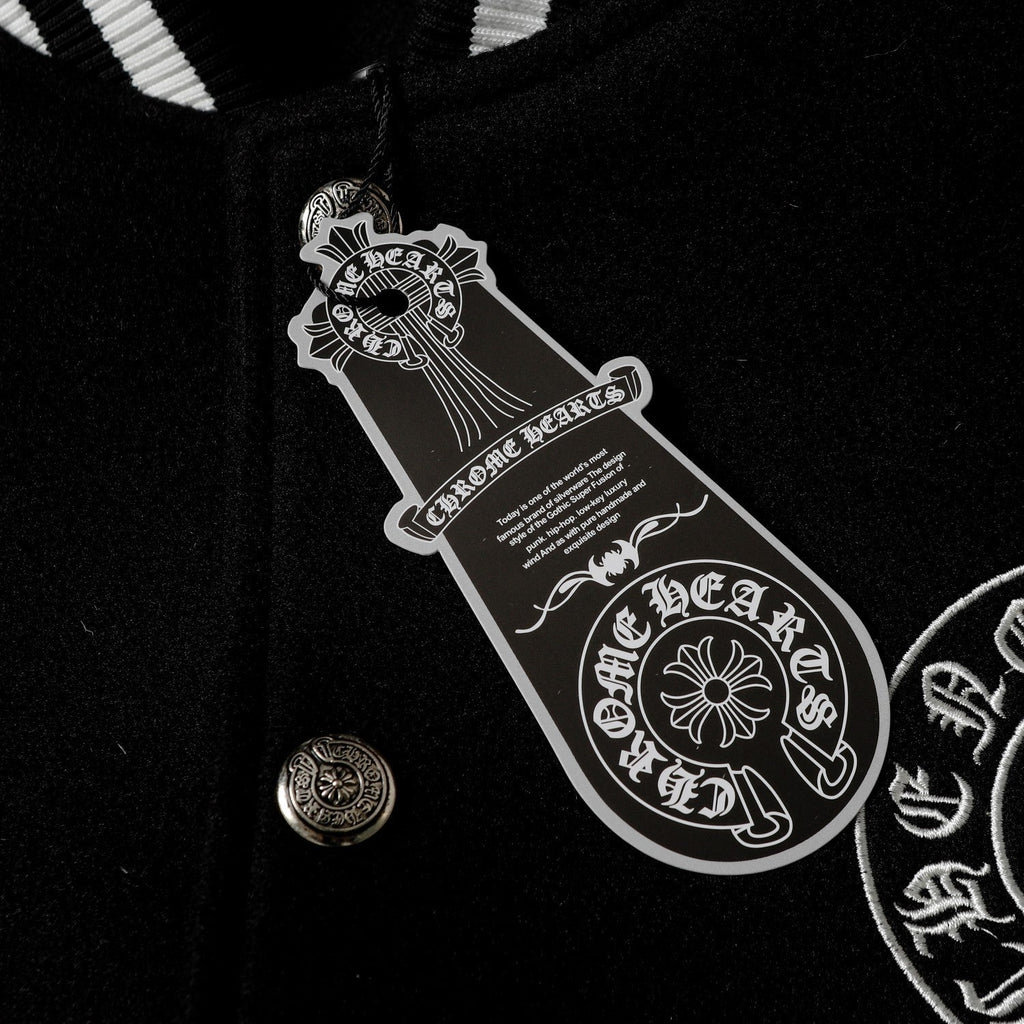 Chrome-Hearts Layered Cross Varsity Jacket - Black White Street Style Outerwear 2208
